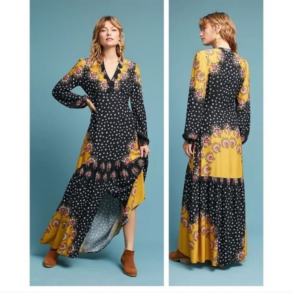 FARM Rio Black and Yellow Floral Long Sleeve Dress